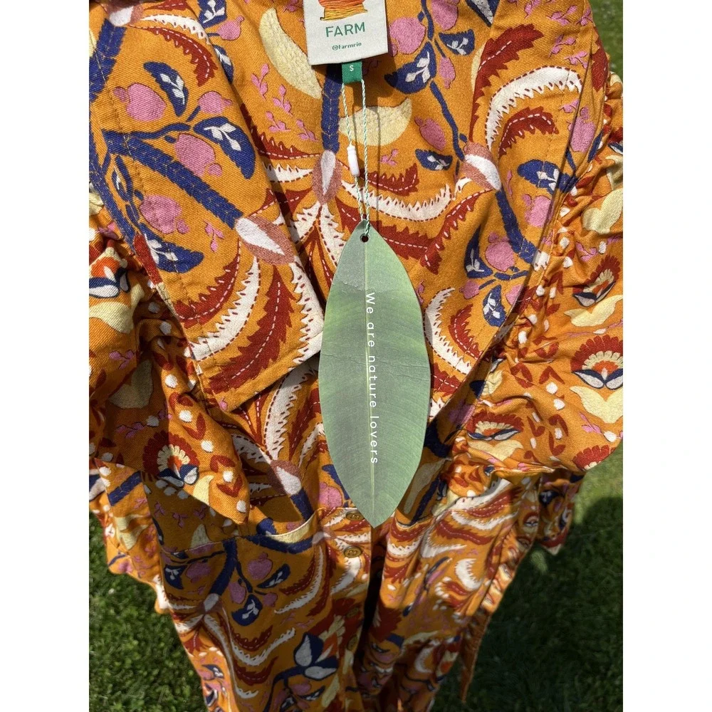 Farm Rio Shirt Dress Womens Small Yellow‎ Palms Party Midi Ruffle Belted Floral